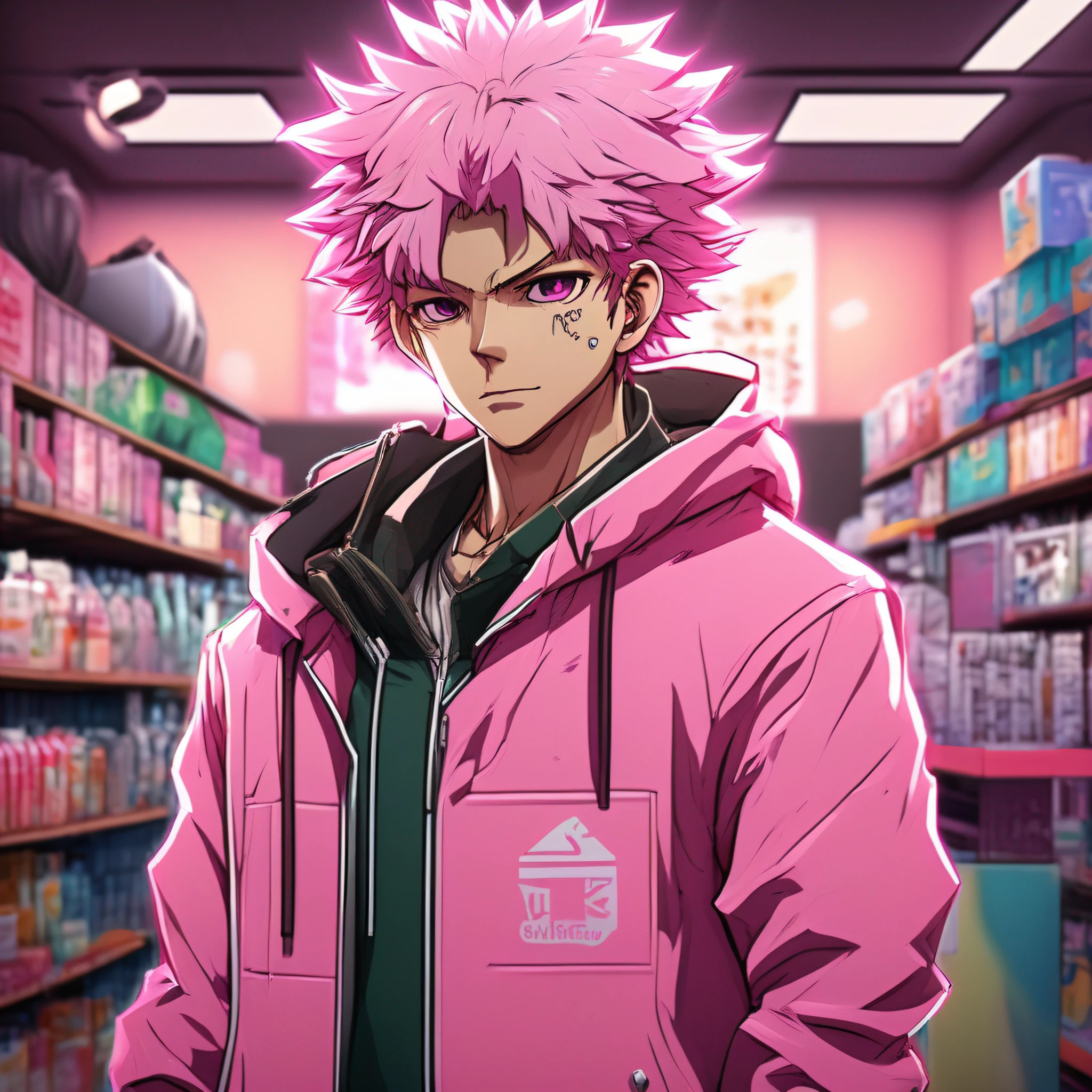 Anime guy in pink jacket in a store with pink hair - SeaArt AI