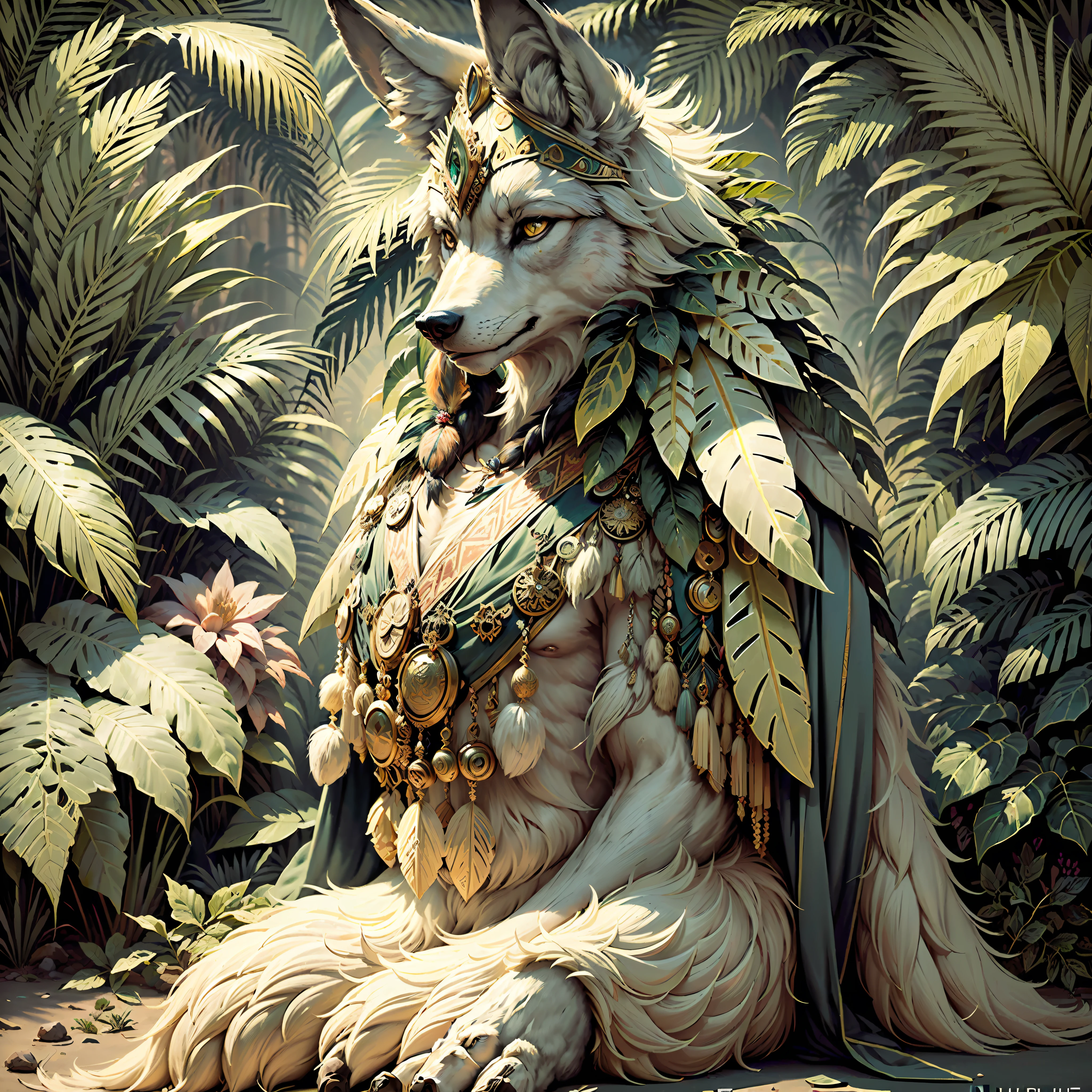 Persian wolf ((indigenous style)),,((meditative state),,((wolf's body)), ((looking at the camera)) elegant, hair with details, with Indian headdress on head, many colorful feathers, colorful feathers,,facing the camera, detail: dense tropical foliage, highly detailed intricate, ((masterpiece)), ultra hyperrealistic, masterpiece,, by TIm Hildebrandt,, (vintage), antique prints