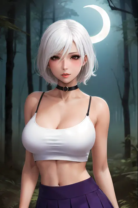 anime girl with white hair and a choker posing in a forest, tifa lockhart with white hair, girl with short white hair, smooth an...