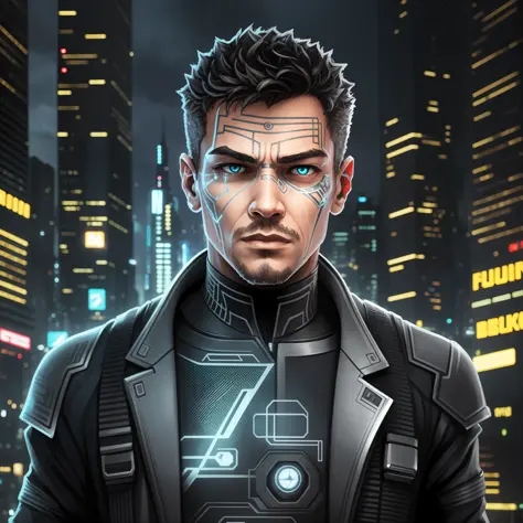 cyborg man looking forward against blurred cyberpunk city lights background, 4k, ultra realistic, detailed, neuromancer, zima bl...