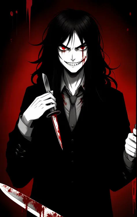Tall young man holding a knife, evil aura, evil smile, evil look, murderer, serial killer, noble Victorian era outfit, blood ski...