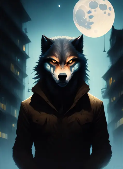 medium shoot portrait of a human werewolf standing in modern city , looking at camera , moonlight,  by lucas graciano, digital a...