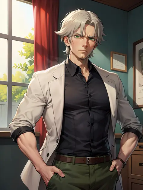 British old man detective with a fit and tall figure, olive skin, grey hair, green eyes, and a serious face, portrayed in high-d...