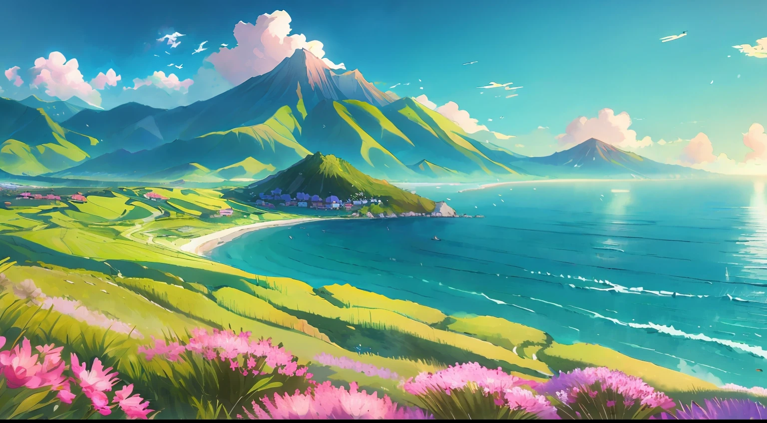 anime key visual of a beautiful lake surrounded by | Stable Diffusion
