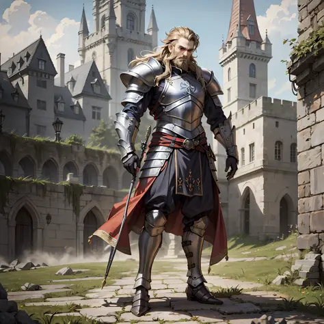 Sigfried,boy , castle,Full body, Nordic armor, 4k, bearded, Dark fantasy, realistic