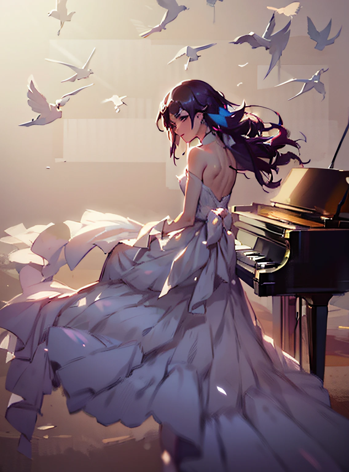 painting of a woman in a long dress sitting at a piano, guweiz, artwork in the style of guweiz, guweiz masterpiece, by Yang J, beautiful anime artwork, beautiful anime art, guweiz on pixiv artstation, beautiful anime, by Song Xu, guweiz on artstation pixiv