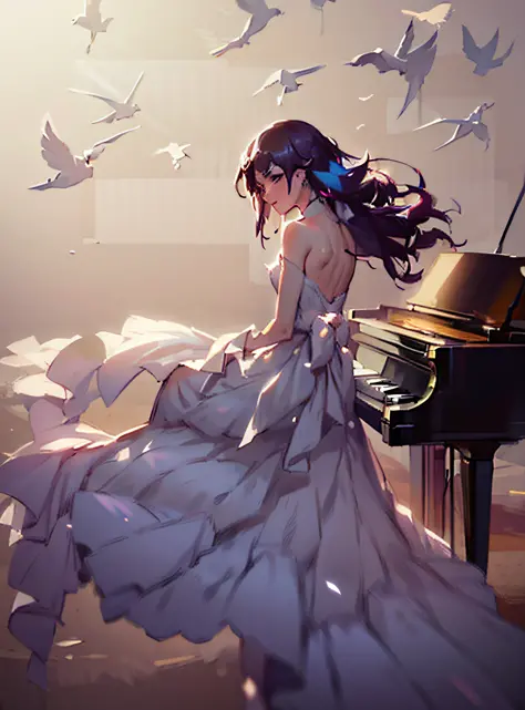 painting of a woman in a long dress sitting at a piano, guweiz, artwork in the style of guweiz, guweiz masterpiece, by yang j, b...