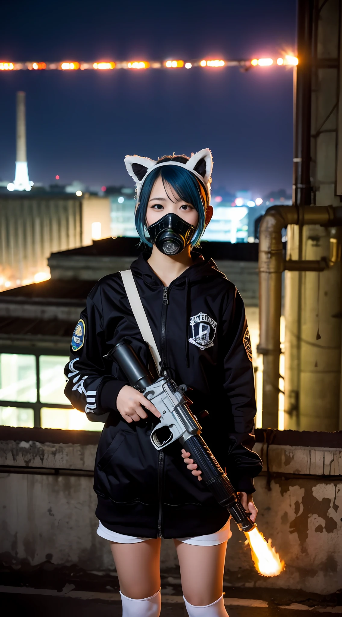 Riot, nuclear power plant on background, terrorist group, fluorescent headgear, short hair, blue hair, firing from flamethrower, middle school girl, , gas mask, high socks, rooftop at night, city on the background is burning