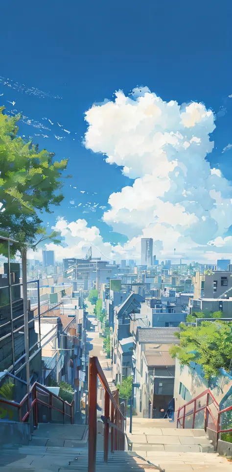 a picture taken from a high angle of a stairway leading to a city, an anime drawing by Makoto Shinkai, trending on pixiv, serial art, beautiful anime scene, style of makoto shinkai, tokyo anime scene, makoto shinkai. —h 2160, ( ( makoto shinkai ) ), beauti...