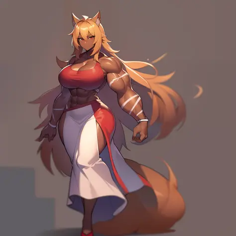 muscular girl, huge chest, long hair, tomboy, , walk.full body, blond hair, dark skinned, red eyes, beargirl,, long dress, dress...