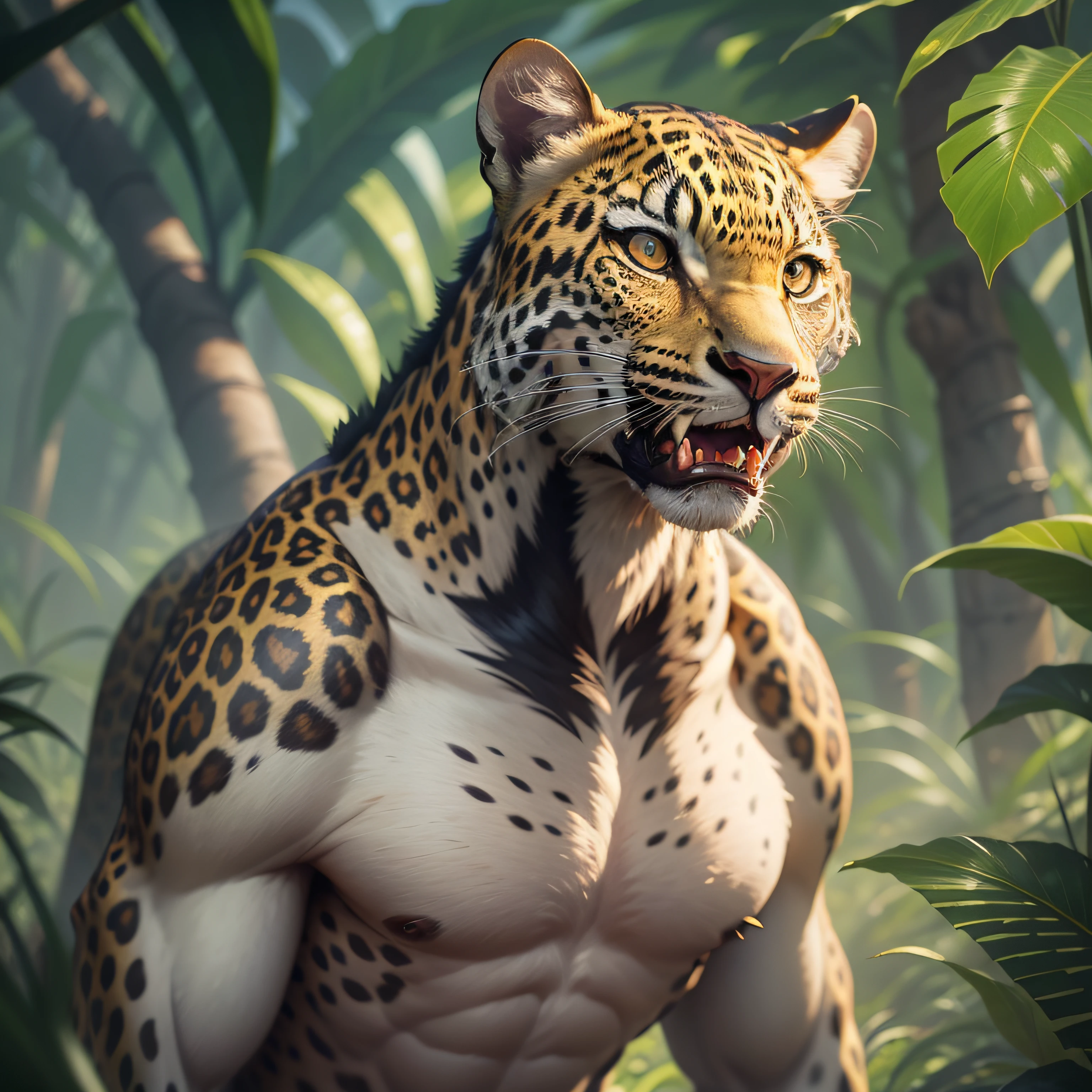Антропоморфный леопард с зубами вампира, мутант на фоне кинематографических джунглей