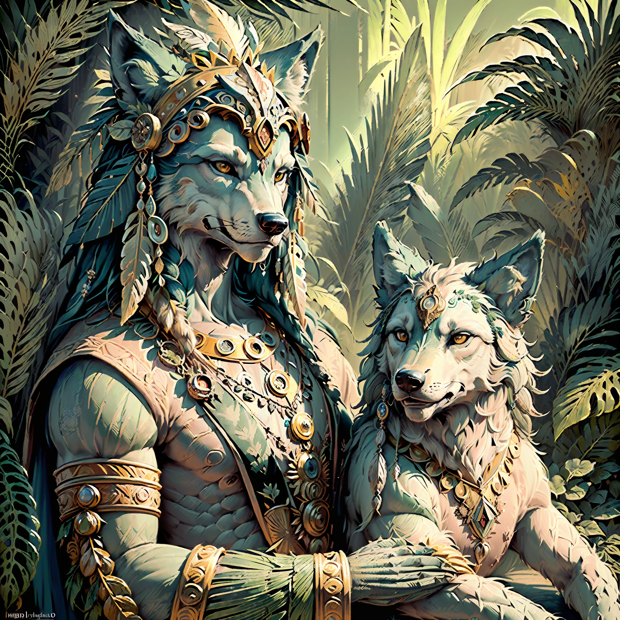 Wolf (((indigenous style)),,((meditative state),,((Wolf's body)), ((looking at the camera)) elegant, hair with details, with Indian headdress on head, many colorful feathers, colorful feathers,,facing the camera, detail: dense tropical foliage, highly detailed intricate, (((masterpiece)),((mythological animals)),, celestial universe, ultra hyperrealistic, masterpiece,, by TIm Hildebrandt,,((vintage)),, antique prints