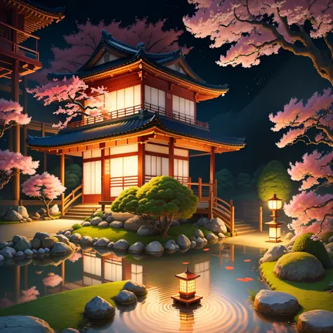 (digital painting),(best quality), serene Japanese garden, cherry blossoms in full bloom, koi pond, footbridge, pagoda, Ukiyo-e ...