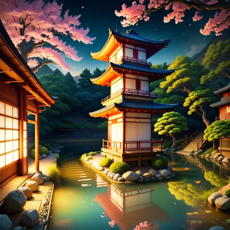 (digital painting),(best quality), serene Japanese garden, cherry blossoms in full bloom, koi pond, footbridge, pagoda, Ukiyo-e ...