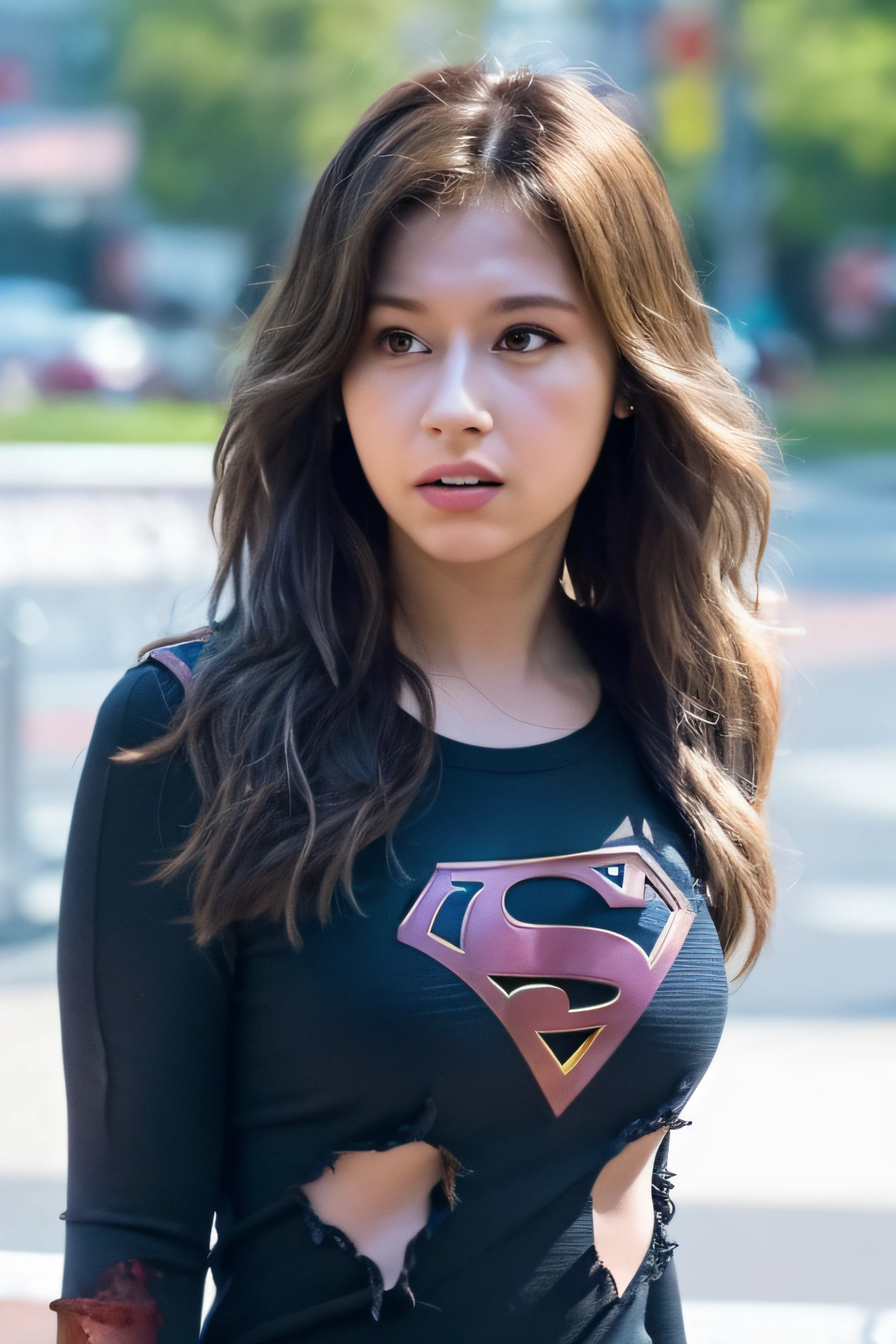 twicesana,photo of a 25 years old girl, best quality, real image, intricate detail, hyperdetail, ultra-high resolution, depth field, (realistic, realistic: 1.2), masterpiece, photo 1girl, supergirl, injured, superhero, realistic,supergirl suit, torn clothes, red skirt, (dirty, bruised, blood: 1.3), brown eyes, blonde, long hair, serious, angry, solo, (exposed torn clothes, torn clothes: 1.3), ruined city background, best quality, realistic, realistic, (complex details: 1.2), (fine details), (cinematic light), clear lines, sharp focus, realistic face, detailed beautiful face