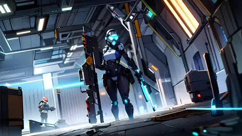 there is a woman man holding a large weapon in a room, in game, in-game, in - game, discarded mechsuit in background, sci-fi sol...