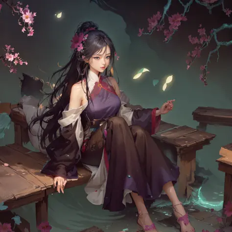 there is a woman sitting on a bench with a flower in her hand, palace ， a girl in hanfu, artwork in the style of guweiz, guweiz,...