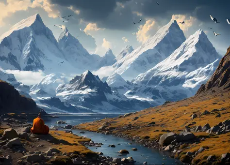 enviromentart, a monk meditating, landscape, outdoors, rock, bird, sky, cloud, mountain, day, masterpiece 8k, high detail,