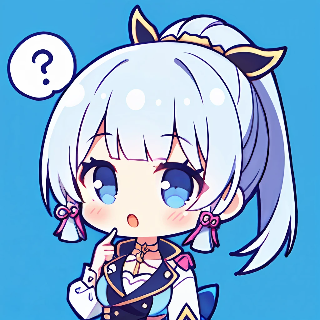 1 chica,Ayaka,(chibi:1.2),Signo de interrogación hablado, pelo blanco, ojo azul