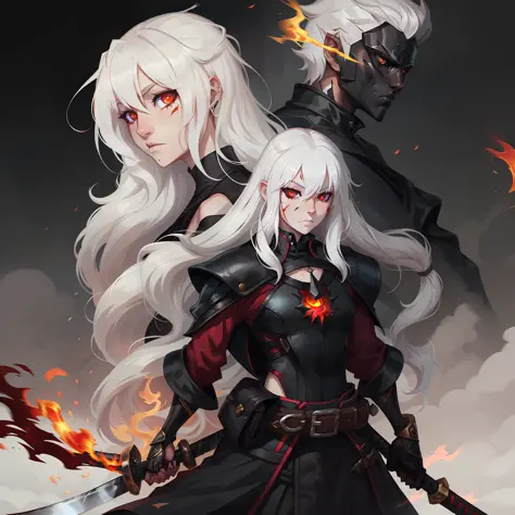 anime face white hair, red eyes, black fireball in hand, digital art, white hair, crimson red eyes, fire around, standing, neutr...