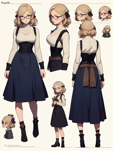 ((masterpiece)),(((best quality))),(character design sheet, same character, front, side, back), elven woman, glasses, curly hair, bows, lace, white sweater, corset, bright blue, blue long skirt, long skirt, satchels, pouches on waist, harness, tool belt, tools