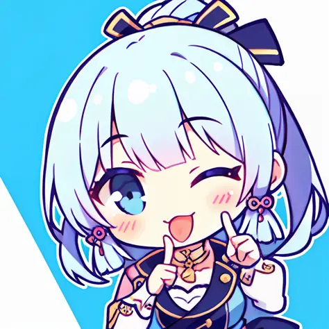 1girl,ayaka,(chibi:1.2), white hair, blue eye, red cheeks, tongue, tongue out, one eye closed, finger to eye