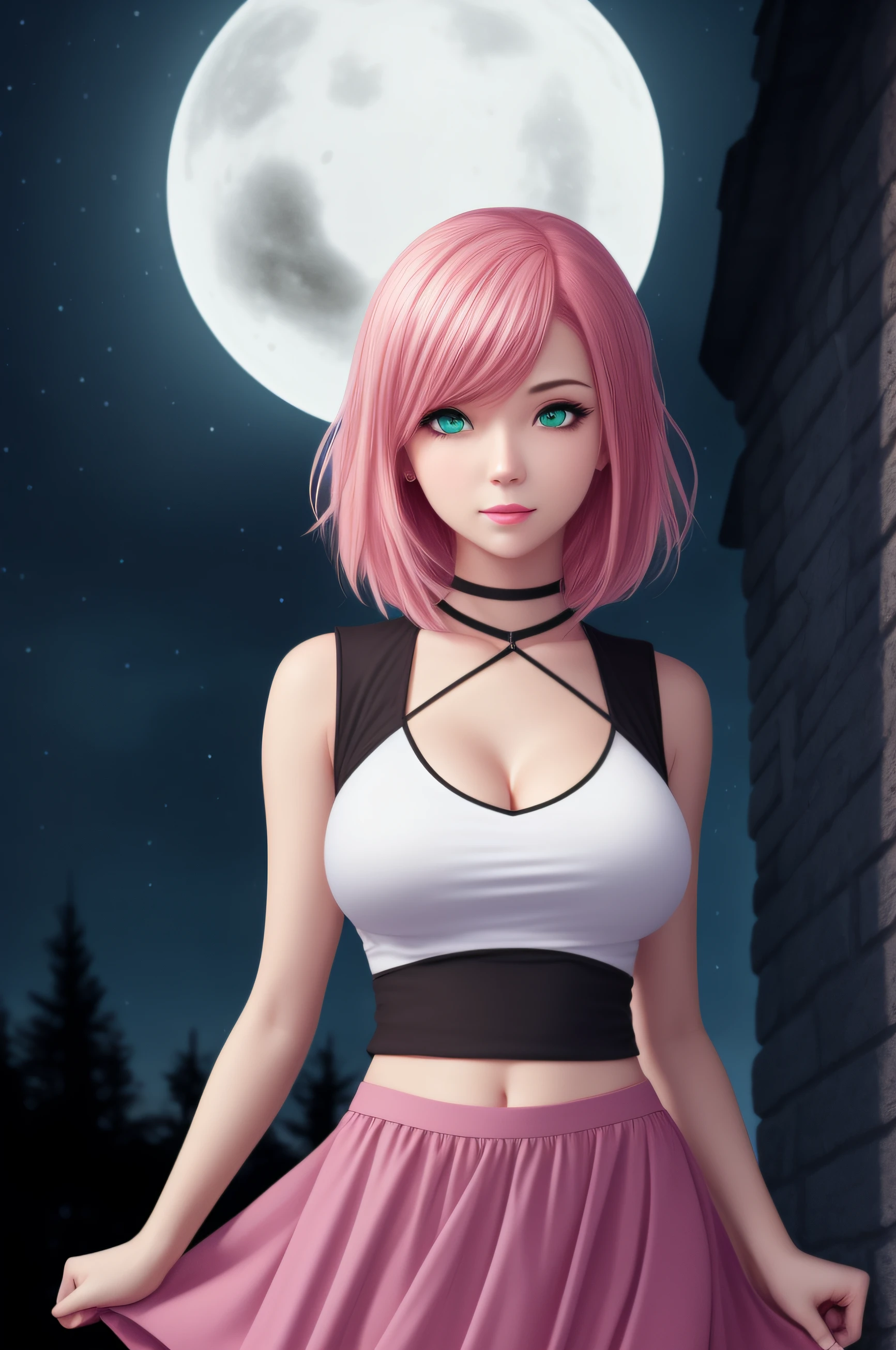 realistic, 1girl, pink hair, green eyes, glowing eyes, white top, skirt, parted lips, blush, night, haunted mansion, ghost, night, neckline , big breast,