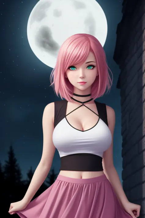 realistic, 1girl, pink hair, green eyes, glowing eyes, white top, skirt, parted lips, blush, night, haunted mansion, ghost, nigh...