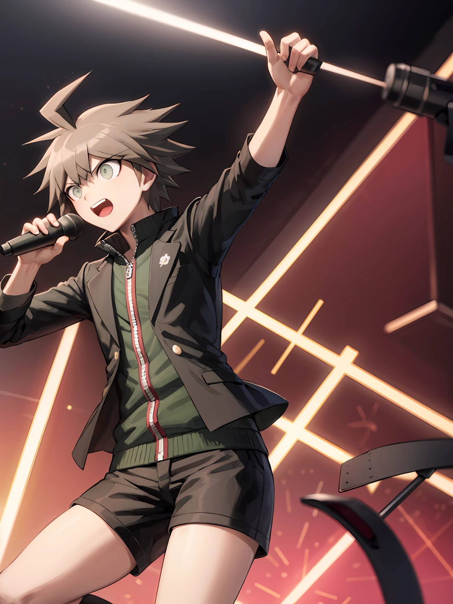 Makoto naegi, estilo anime danganronpa, tiro en la cabeza y los hombros, Hip hop, sosteniendo un micrófono,