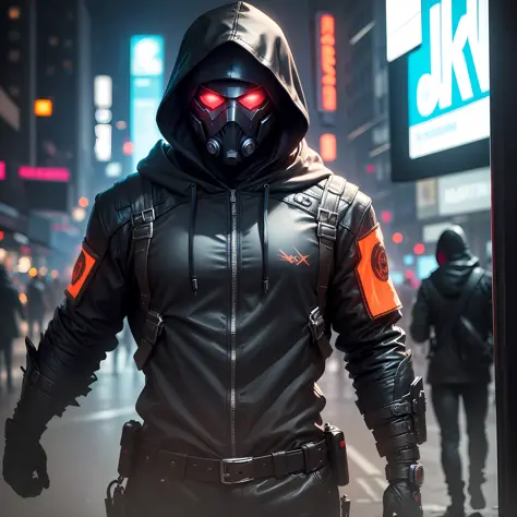 Masked Man with superior quality realistic hood, neon eyes, strong body, ultra realistic shadows, realistic skin and texture, in...