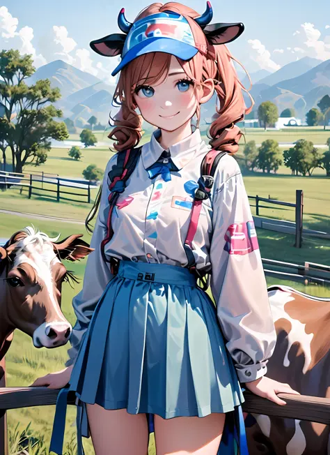 masterpiece,(ultra-detailed),1girl,,  cow print, cow girl, cow horns, cowbell, neck bell,  cow ears, cow tail, skirt, ,  cowboy ...