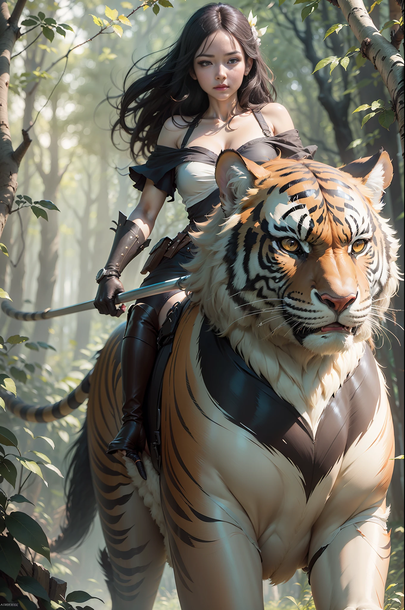 a woman riding a sabre-toothed tiger in the dark forest, krenz cushart and wenjun lin, artgerm and atey ghailan, cushart kenz, badass anime 8 k, anime style 4 k,