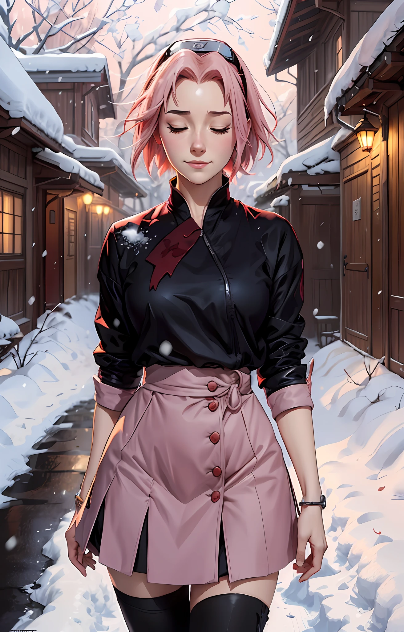 Sakura haruno, ((solo)), alone, ((forehead the show)), elegant,wearing a red blouse and a light pink skirt, Sakura haruno in Naruto Shippuden, smiling, eyes half closed, she is charming, pink hair, delicate, young, short hair, detailed, high definition, ((full body)), full body, ((serious)), in a village, surrounded by snow, snowing, she is a beautiful woman, beautiful and pleasant woman,  beautiful, beautiful, high quality, defined eyes, high definition, sharp, sharp strokes, beautiful, red bow in hair,trending on artstation, by rhads, andreas rocha, rossdraws, makoto shinkai, laurie greasley, lois van baarle, ilya kuvshinov and greg rutkowski