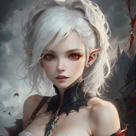 Best quality, masterpiece, ultra high res, (photorealistic: 1.5),Vampire,Elf,Red eyes,White hair. --auto