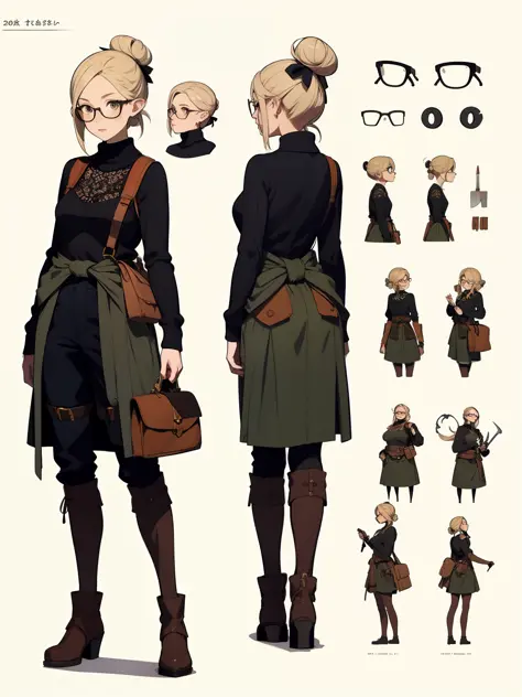 ((masterpiece)),(((best quality))),(character design sheet, same character, front, side, back), elven woman, glasses, hair in bun, bows, lace, black sweater, satchels, pouches on waist, harness, tool belt, tools