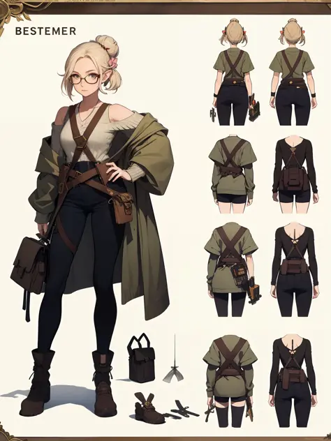 ((masterpiece)),(((best quality))),(character design sheet, same character, front, side, back), elven woman, glasses, hair in bun, bows, lace, off the shoulder sweater with tank top underneath, satchels, pouches on waist, harness, tool belt, tools, crossbo...