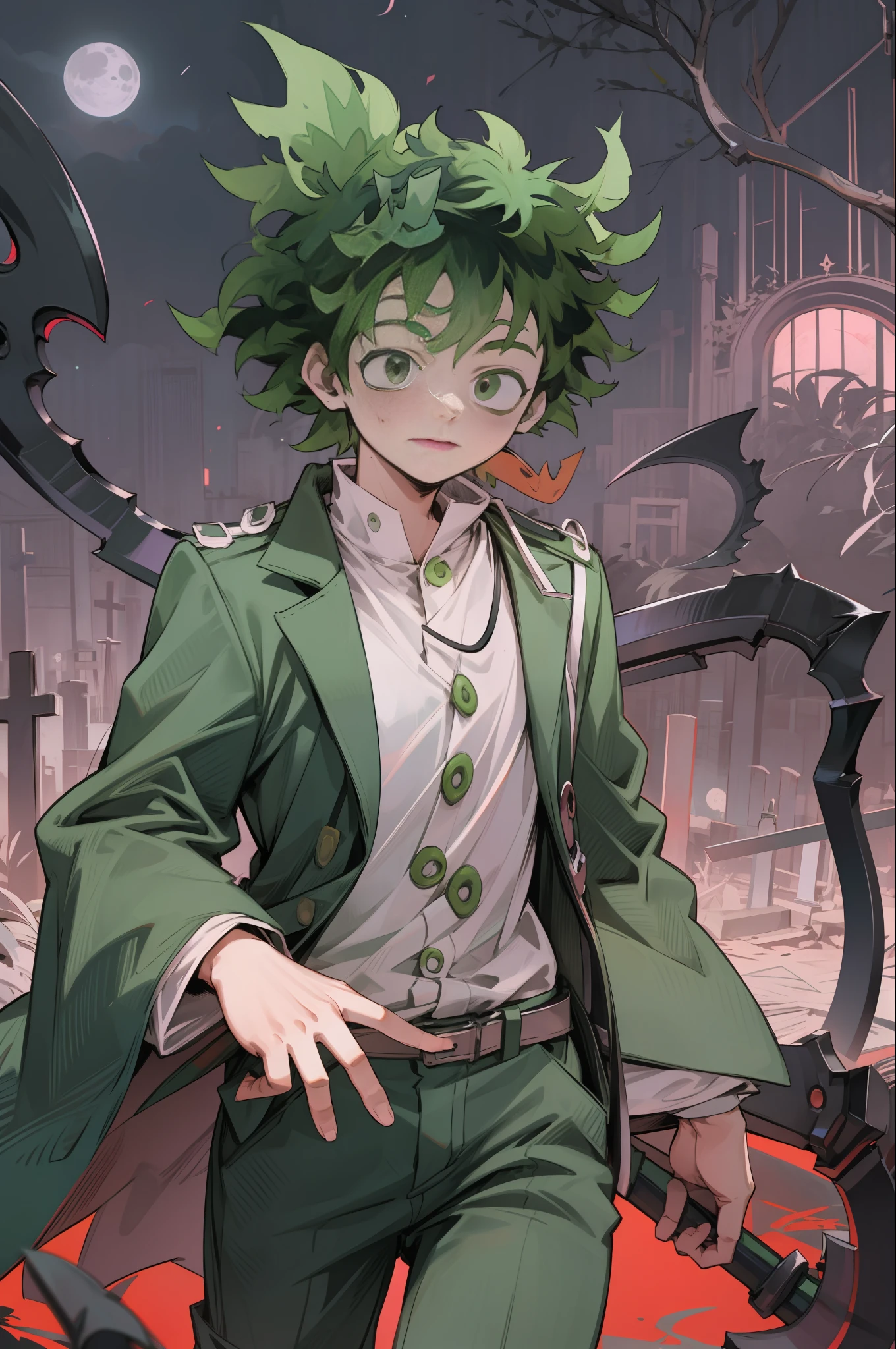 "((Izuku Midoriya:1.2) comme (faucheuse:1.2)) Habillé en (vêtements de médecin de la peste:1.1) maniant un (faux:1.1) dans un (cimetière:1.1) sous le (clair de lune cramoisi:1.2)."