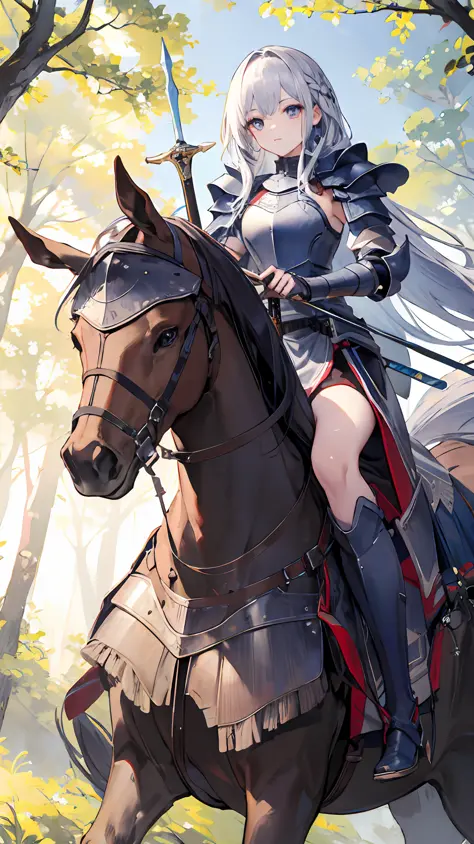 Masterpiece, best quality, 4k, 8k wallpapers, 1girl, long hair, detailed eyes, knight armor, medieval sword, riding on horse, middle of the forest,