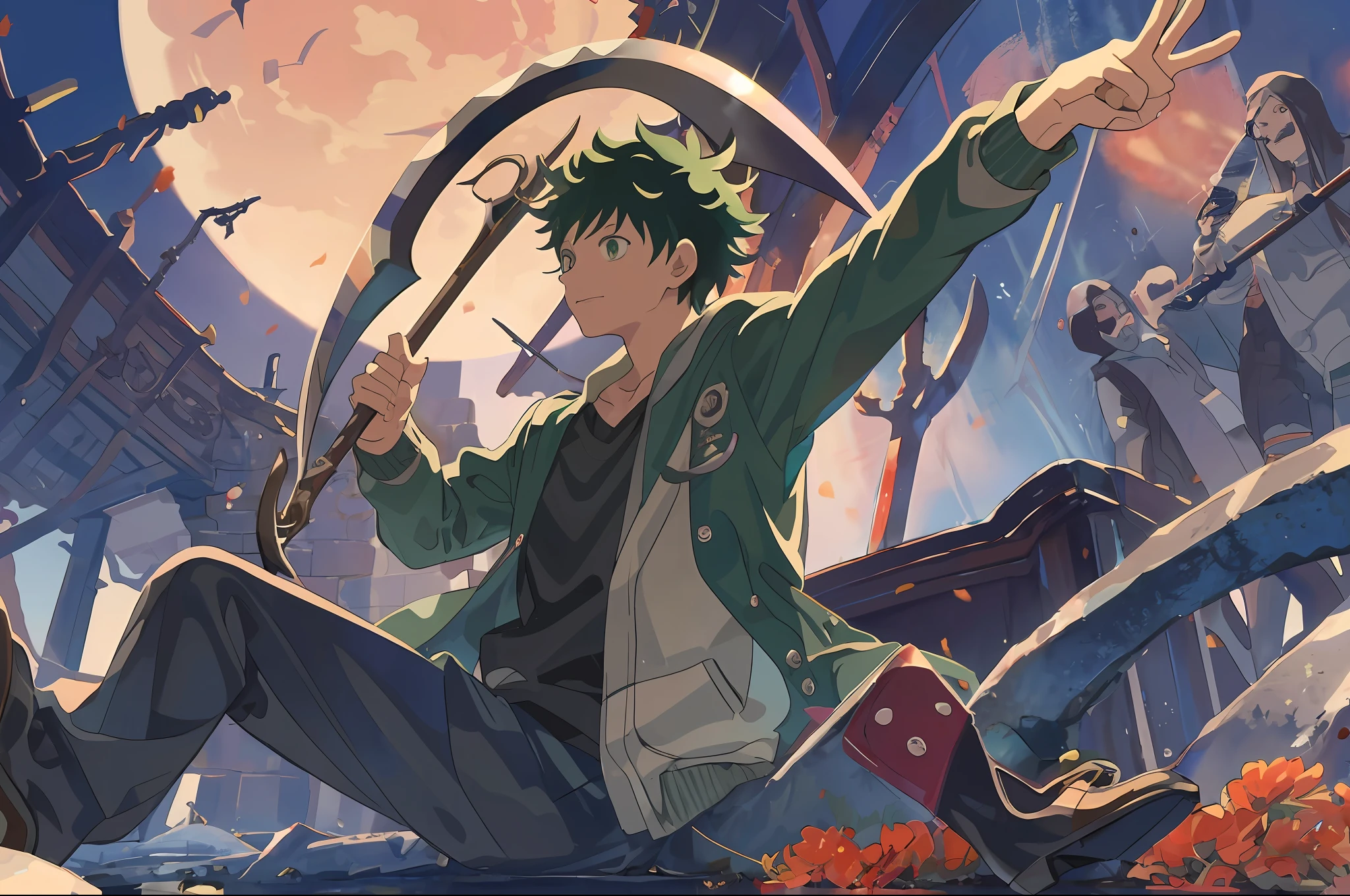 " IZUKU MIDORIYA as the Reaper Dressed in the garb of a plague doctor, wielding a scythe in a graveyard under the crimson moonlight.