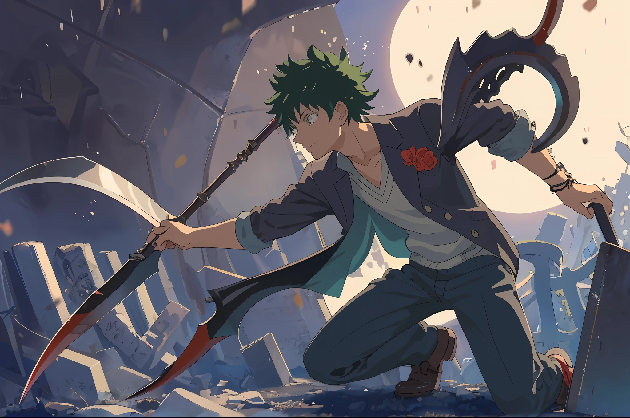 " IZUKU MIDORIYA as the Reaper Dressed in the garb of a plague doctor, wielding a scythe in a graveyard under the crimson moonlight.