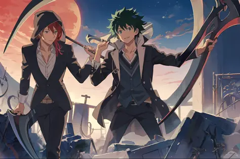 " IZUKU MIDORIYA as the Reaper Dressed in the garb of a plague doctor, wielding a scythe in a graveyard under the crimson moonli...