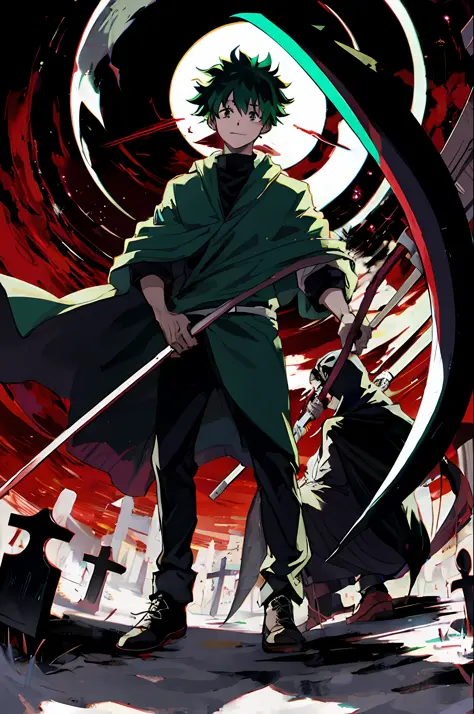 [izuku midoriya:1.5] [as the grim reaper:1.3], [dressed in plague doctor's clothes:1.2], [wielding a scythe:1.2], [in a cemetery...