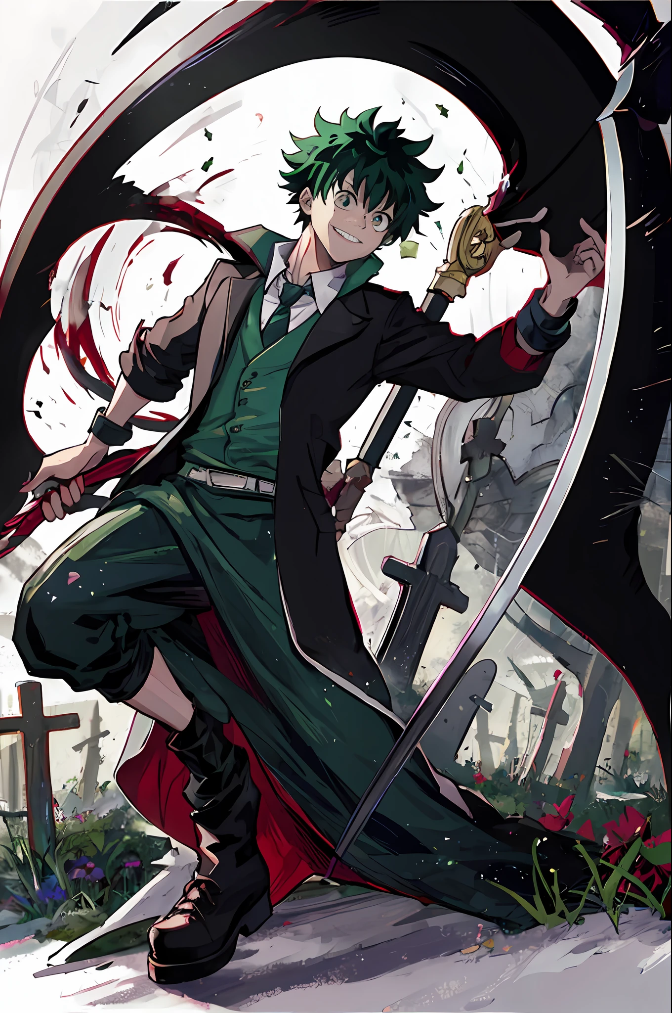 [Izuku Midoriya:1.5] [como o Ceifador:1.3], [vestido com roupas de médico da peste:1.2], [Empunhando uma foice:1.2], [em um cemitério:1.2], [sob o luar carmesim:1.2].