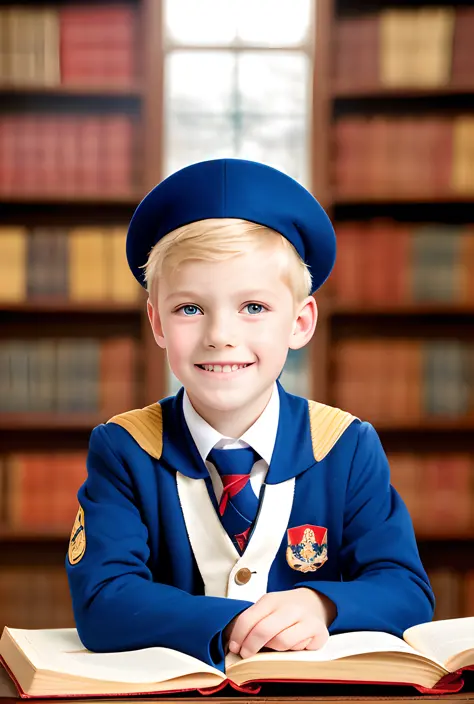 boy, 5 years old, russian blonde, at school, studying in the library, wearing school uniform and happy
(library background),
Vic...