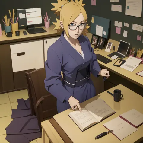 temari in office wearing glasses , naruto , office formal dress , suit , best quality  , masterpiece  , ceo room