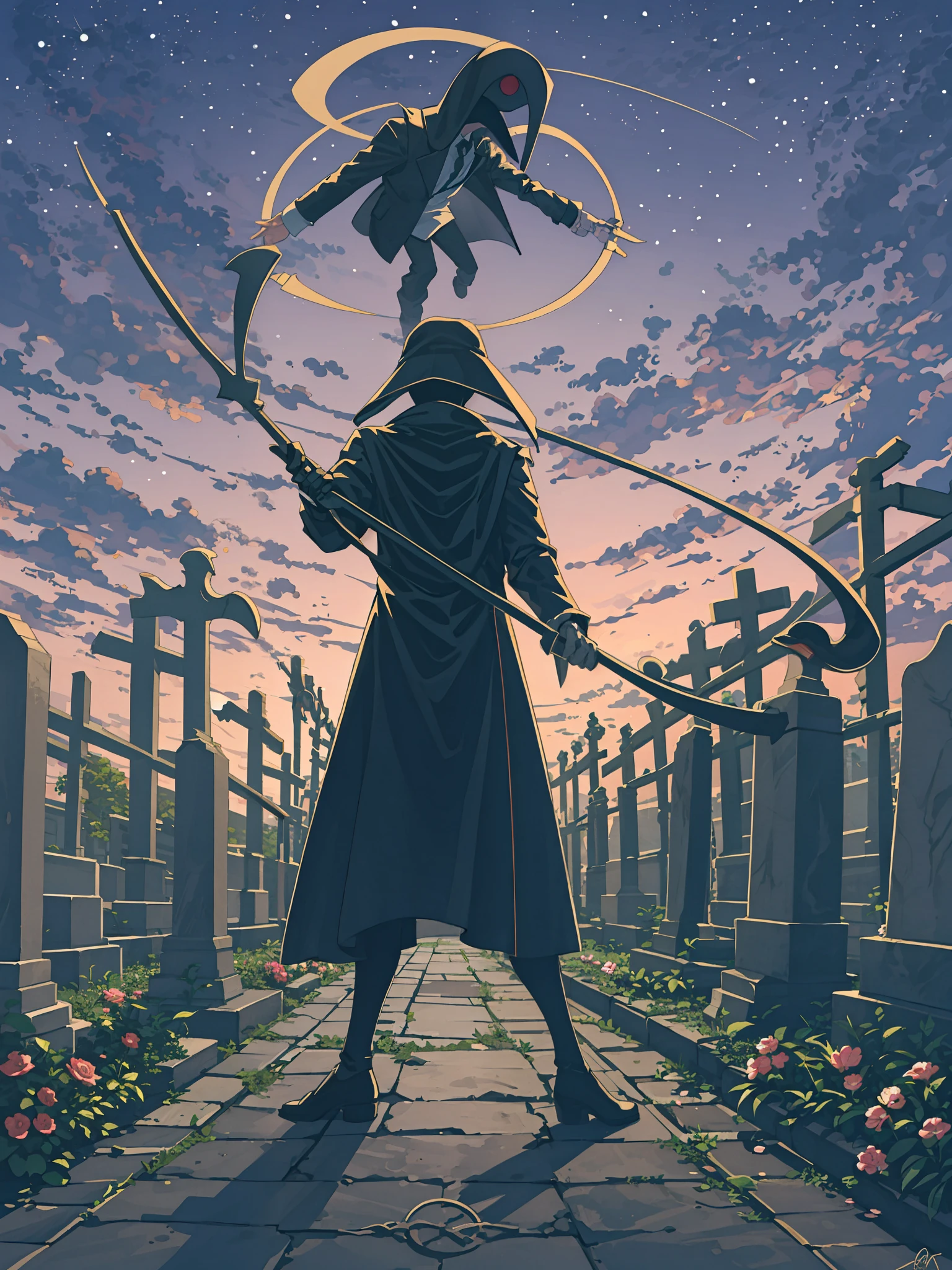 (extremely detailed CG unity masterpiece) Izuku Midoriya as the Grim Reaper, (plague doctor's clothes:1.2), (wielding a scythe), (in a cemetery), (under the crimson moonlight).