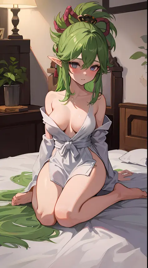 1mature elves girl, green long hair, golden eyes, white sage robe, she have white flower in her head and medium boobs, lay on bed blushes and looks so sexy