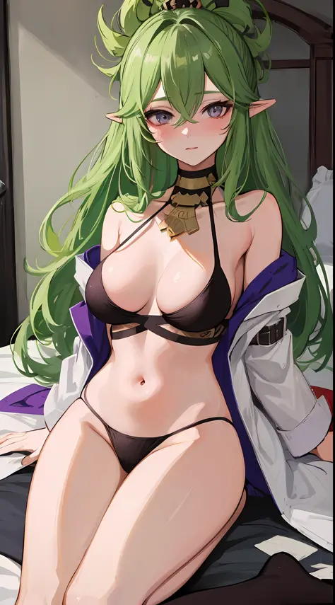 1mature elves girl, green long hair, golden eyes, white sage robe, she have white flower in her head and medium boobs, lay on bed blushes and looks so sexy