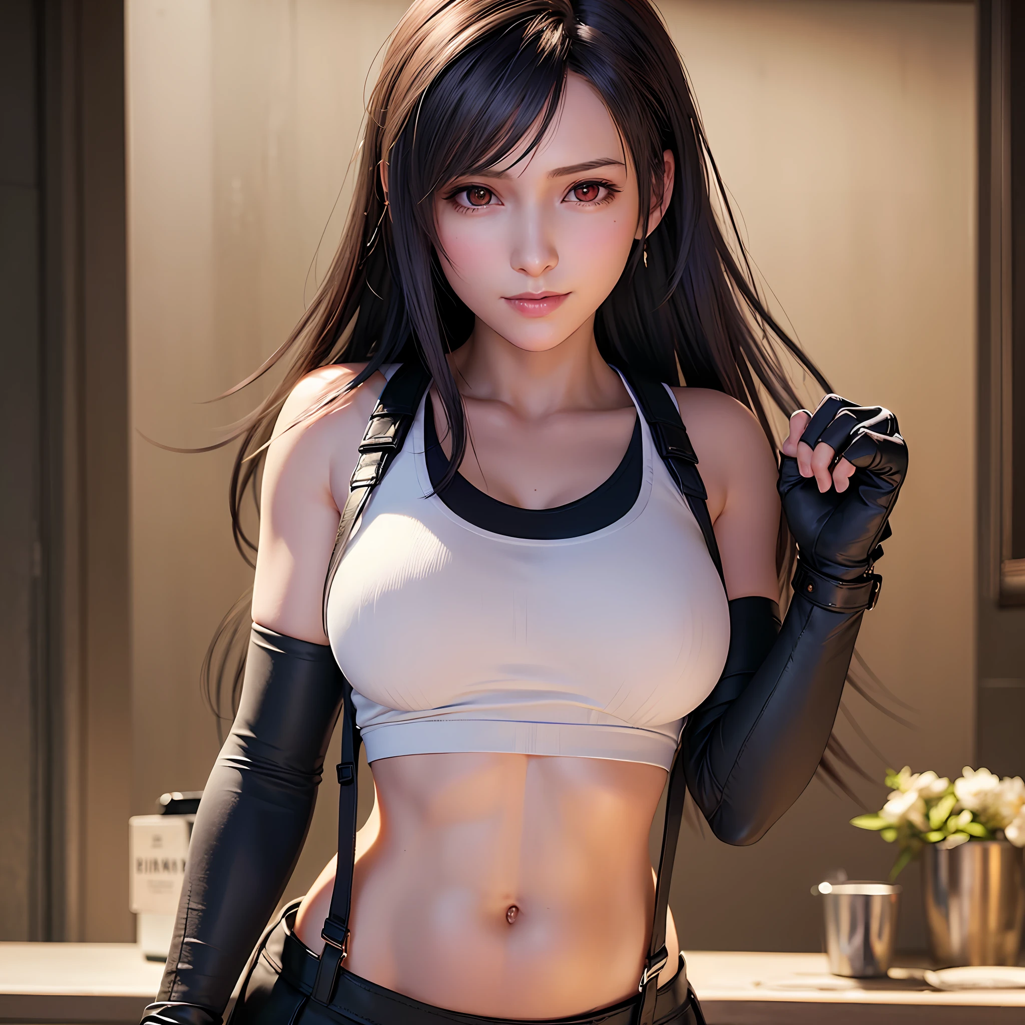 8k,masterpiece, bset quality,big, (1 girl), tifa lockhart, red_eyes, black hair, long hair, shiny skin, shiny big, ((best quality)), crisp focus: 1.2, highly detailed face and skin texture, detailed eyes, perfect face, perfect body, art, cg, blur background, big with presence, (20yo, Mature cool and beautiful face), wearing ((suspender black skirt)),(( black elbow gloves, white taut shirt, thigh, white tank top, navel, blush)), jukebox, old bar, upper body, smile, professional light source, fluttering hair, front view, random angle,