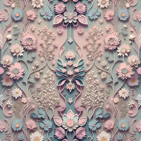 flat style wallpaper, vector style floral vine pattern with pastel color tones including old pink, pastel blue, light blue, beig...